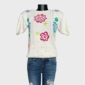 Jantzen VTG 80s Short Sleeved Sweater Cotton Chunky Floral Knit Embroidery Retro